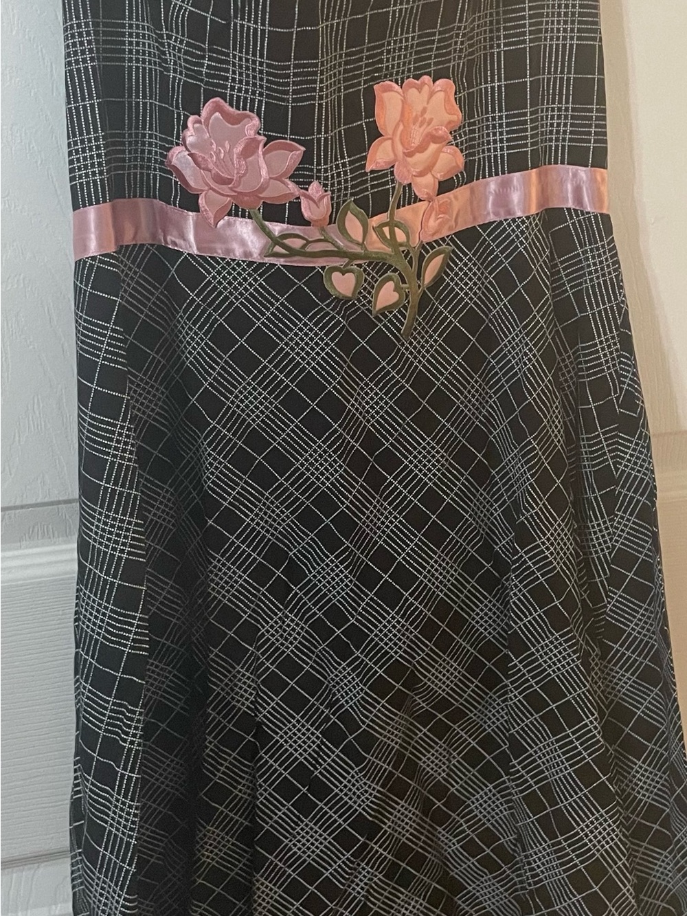 Black Plaid Dress with Pink Floral Appliqué